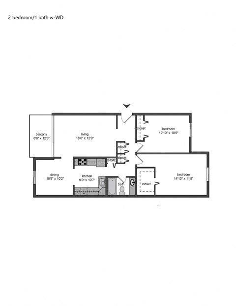 Floor plan for 2 beds, 1 bath, 1022 sqft
